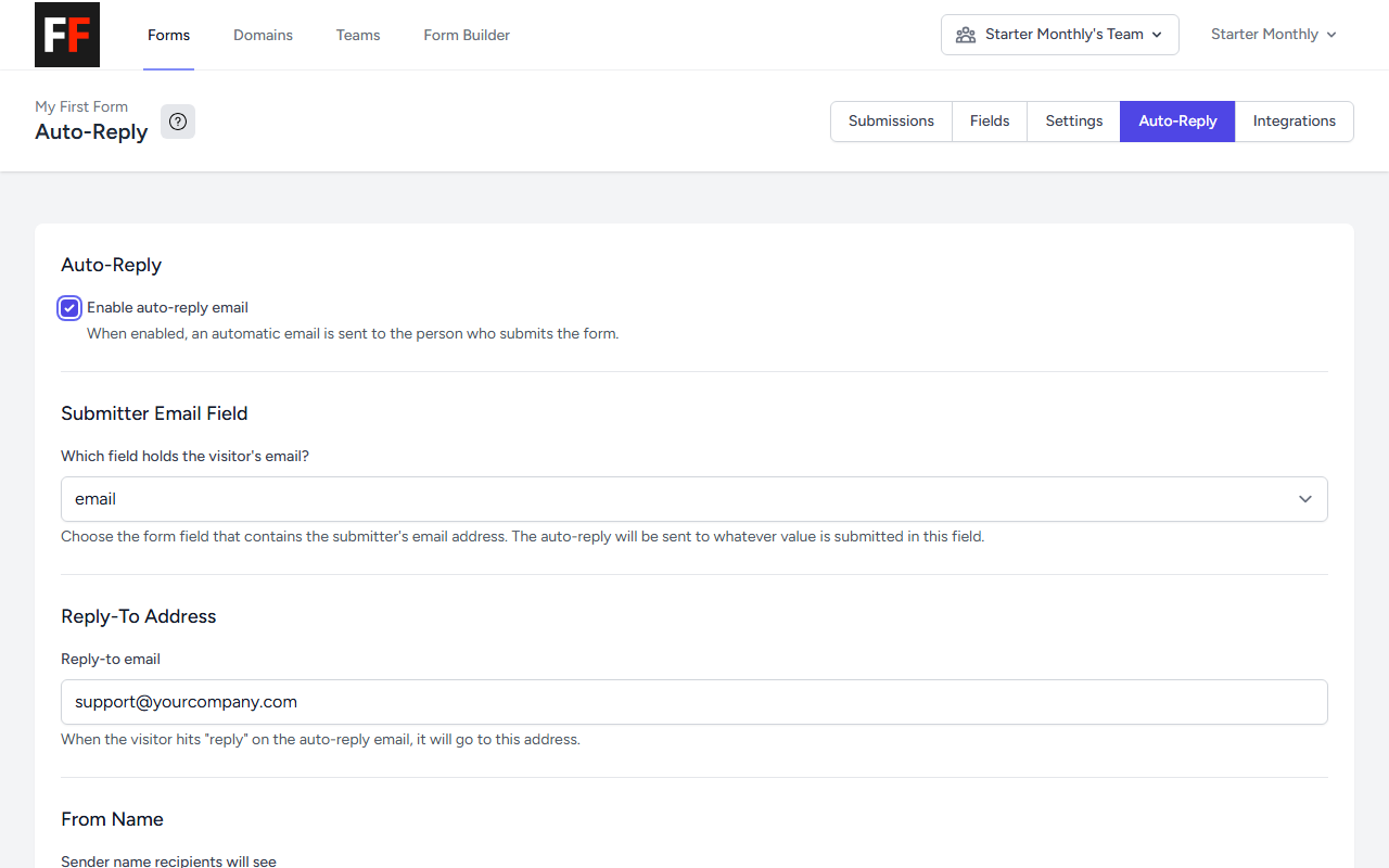 The Enable auto-reply email checkbox toggled on