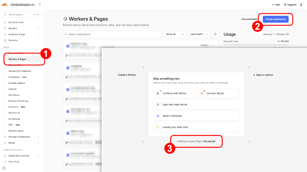 Cloudflare Pages setup process showing Workers & Pages navigation