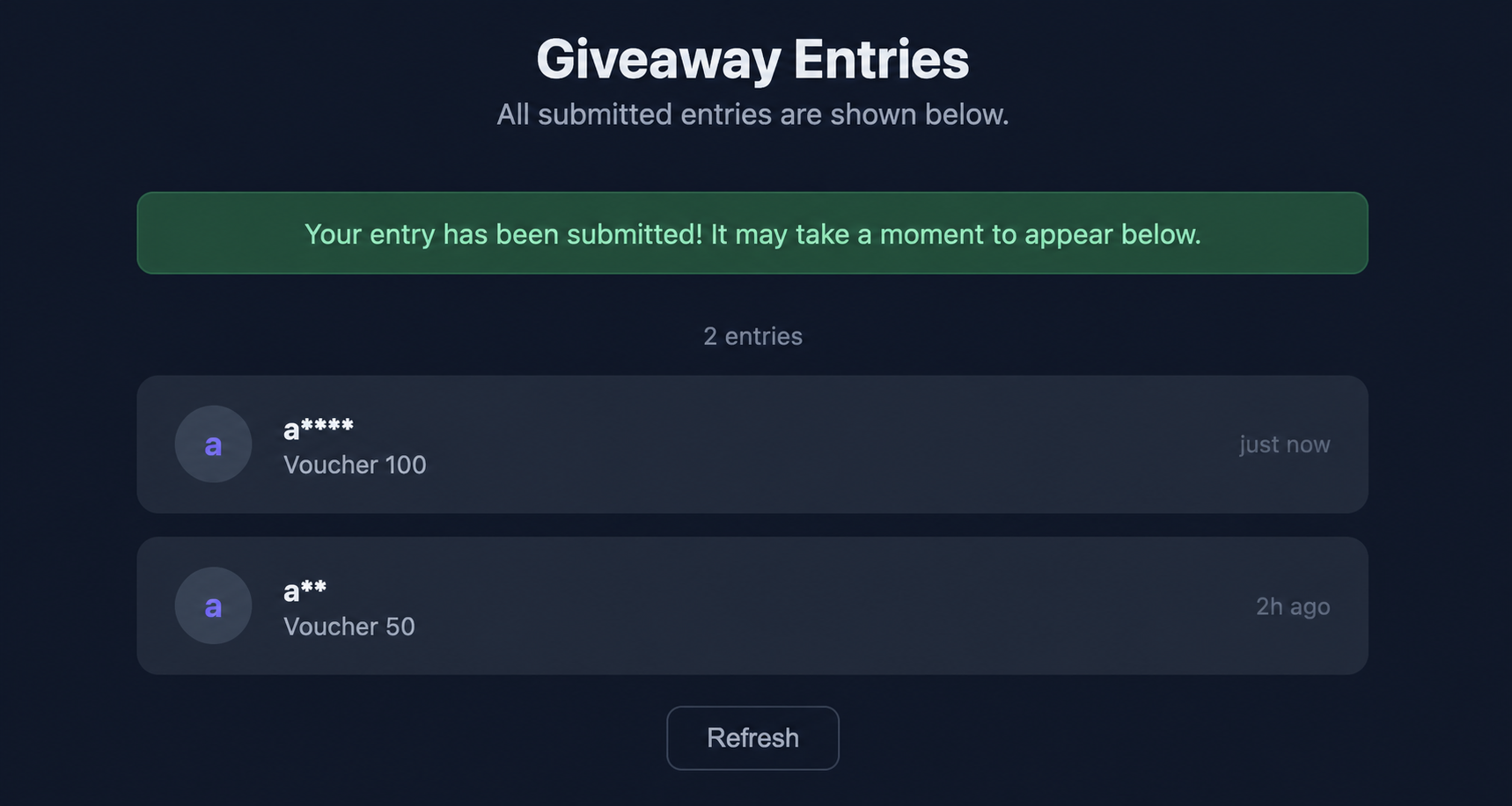 The public entry wall renders only masked names, prize choices, and timestamps.